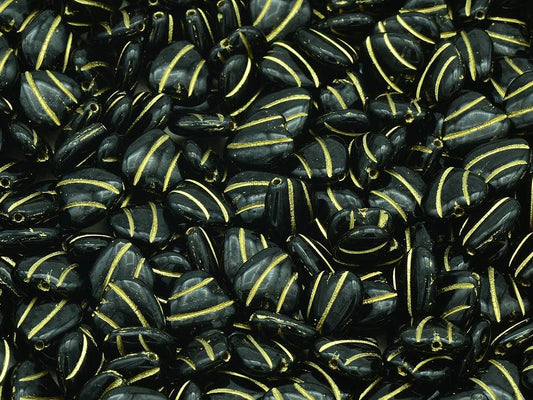 Heart With Lines Beads, Black Gold Lined (23980-54202), Glass, Czech Republic
