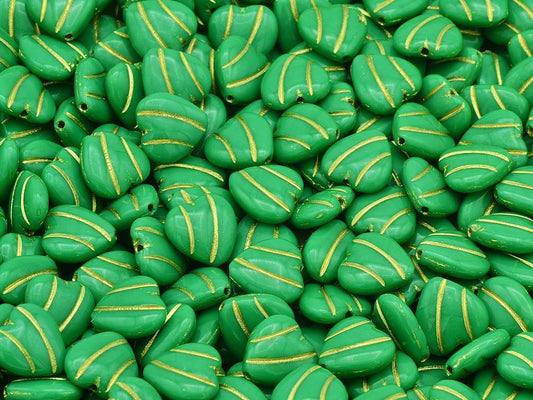 Heart With Lines Beads, Opaque Green Gold Lined (53230-54202), Glass, Czech Republic