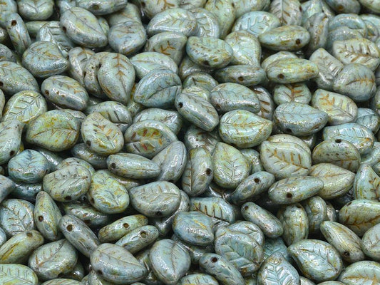 素敵なリーフビーズ、チョークホワイトステイン、ラスターブルー（03000-65431）、ガラス、チェコ共和国