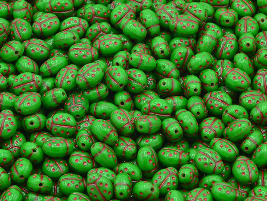 Ladybird Beads, Opaque Green Light Blue Lined (53320-54308), Glass, Czech Republic