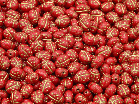 Ladybird Beads, Opaque Red Gold Lined (93200-54202), Glass, Czech Republic