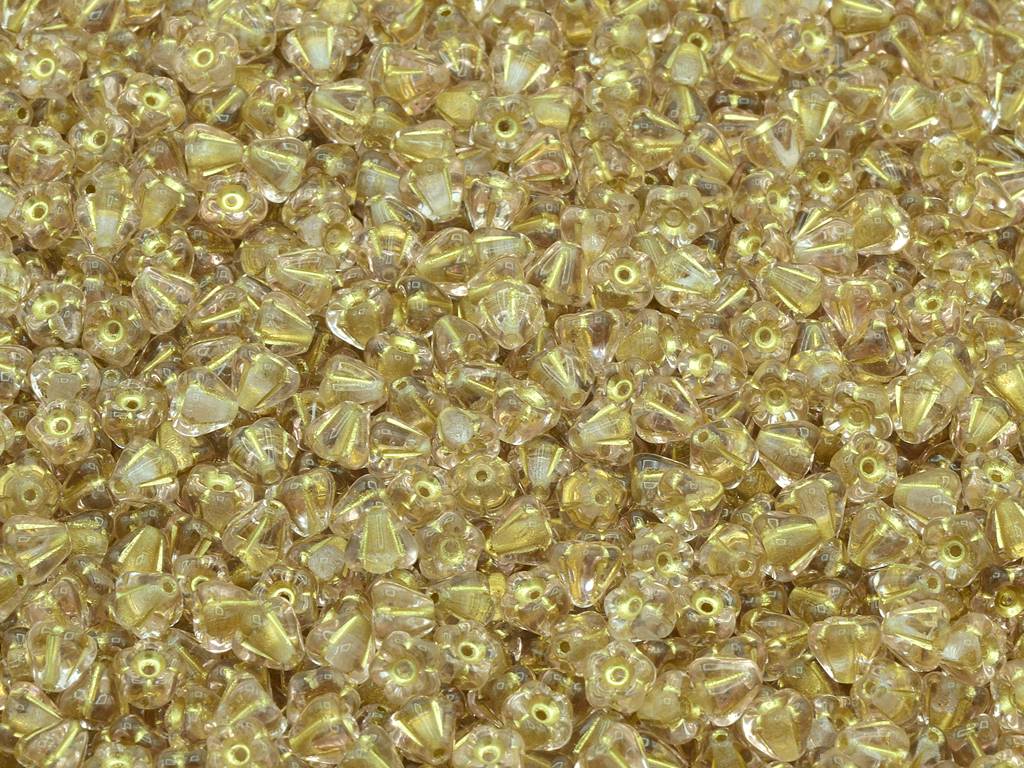 Bell Flower Beads, Transparent Pink Gold Lined (70120-54202), Glass, Czech Republic