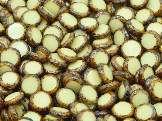 椭圆形台面切割珠，不透明米色石灰华（13010-86800），玻璃，捷克共和国