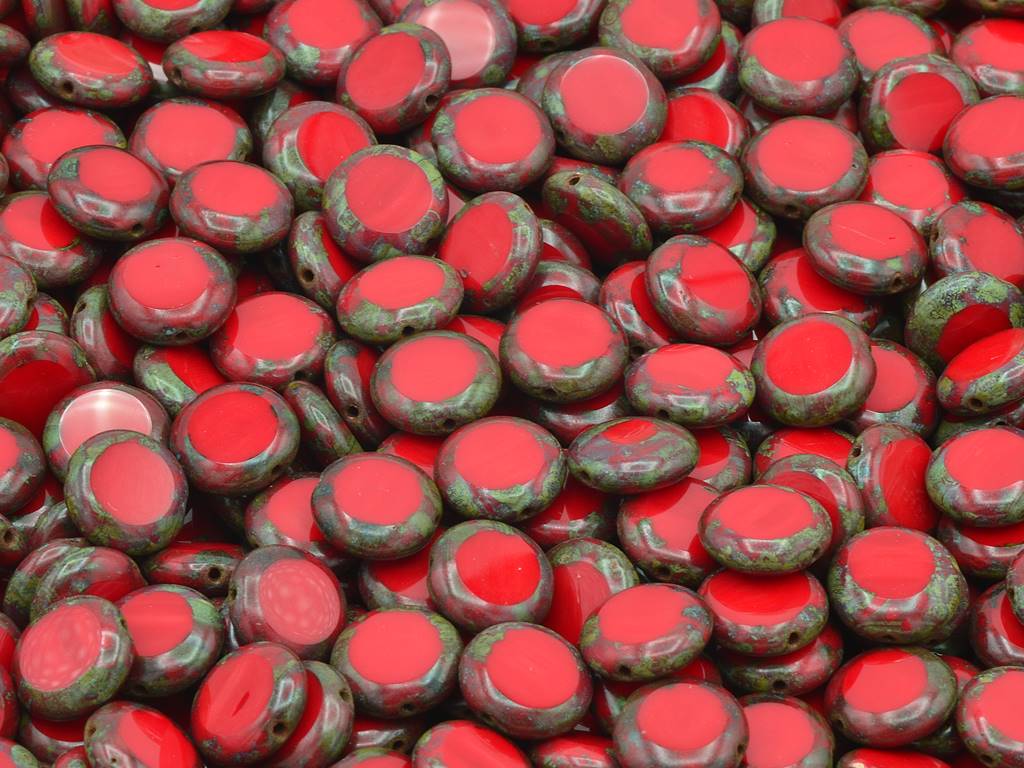 椭圆形台面切割珠，不透明红色石灰华（93200-86800），玻璃，捷克共和国