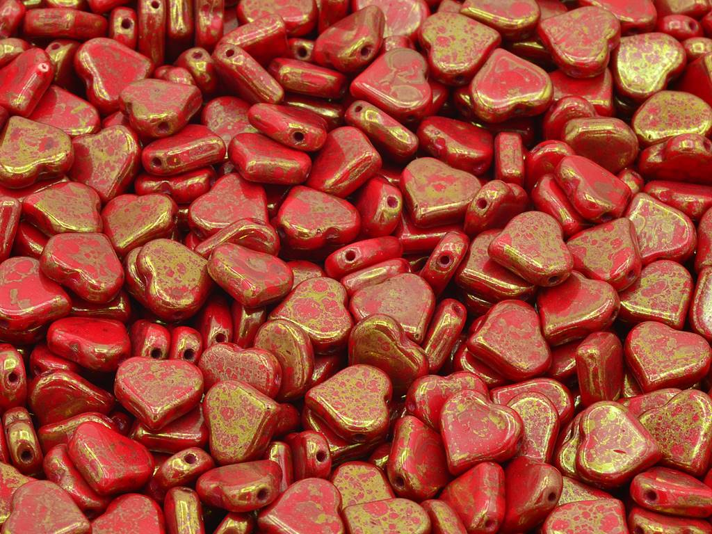 フラットハートビーズ サイドホール、不透明レッドテラコッタレッド (93200-15495)、ガラス、チェコ共和国