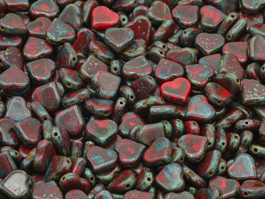 フラットハートビーズ サイドホール、不透明レッドトラバーチン（93200-86800）、ガラス、チェコ共和国