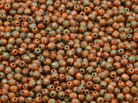 Faceted Round Fire Polished Beads, Opaque Orange Travertin (93130-86800), Glass, Czech Republic