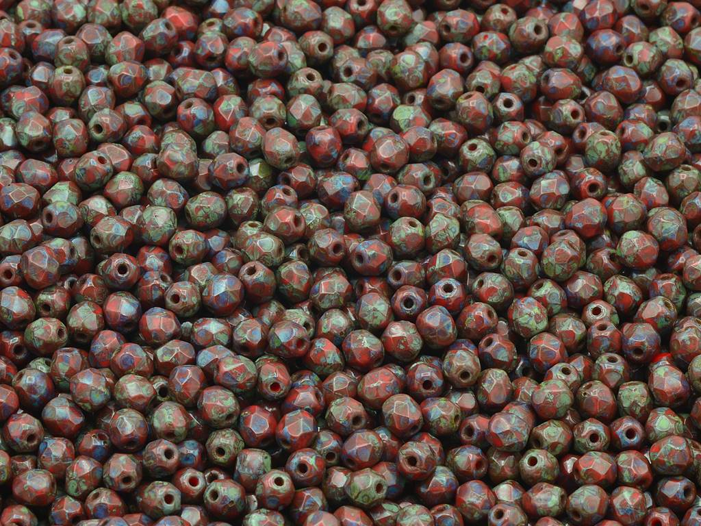 Faceted Round Fire Polished Beads, Red Travertin (93180-86800), Glass, Czech Republic