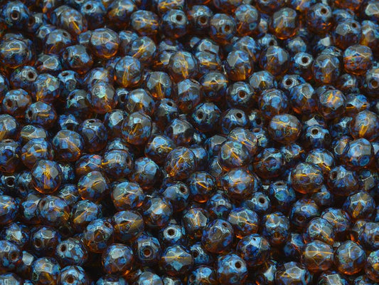 Faceted Round Fire Polished Beads, Transparent Orange Travertin (10060-86800), Glass, Czech Republic