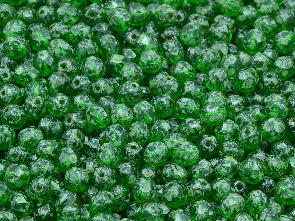 Faceted Round Fire Polished Beads, Emerald Green Travertin (50120-86800), Glass, Czech Republic