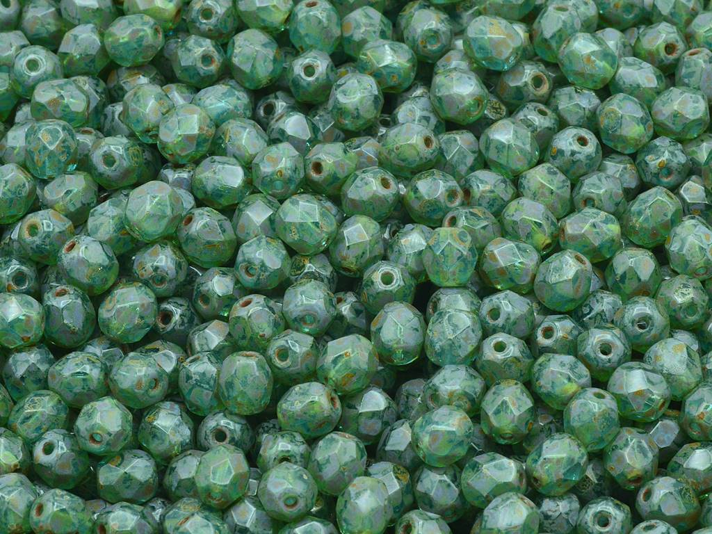 ファセット加工ラウンドファイアポリッシュビーズ、透明アクアトラバーチン（60020-86800）、ガラス、チェコ共和国