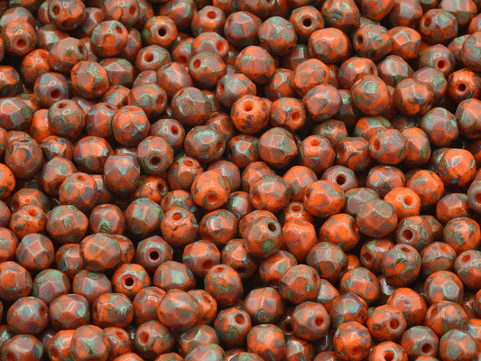 Faceted Round Fire Polished Beads, Opaque Orange Travertin (93130-86800), Glass, Czech Republic