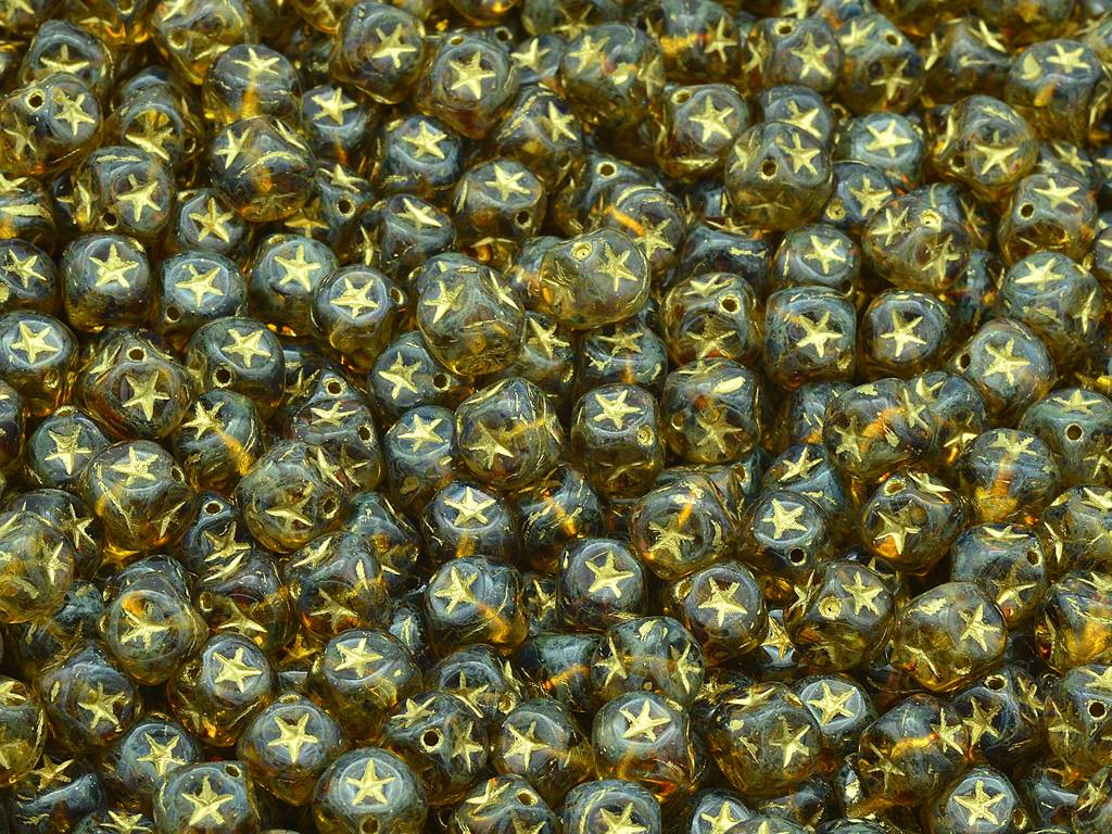 带星星的立方体珠子，水晶洞石金边（00030-86800-54302），玻璃，捷克共和国