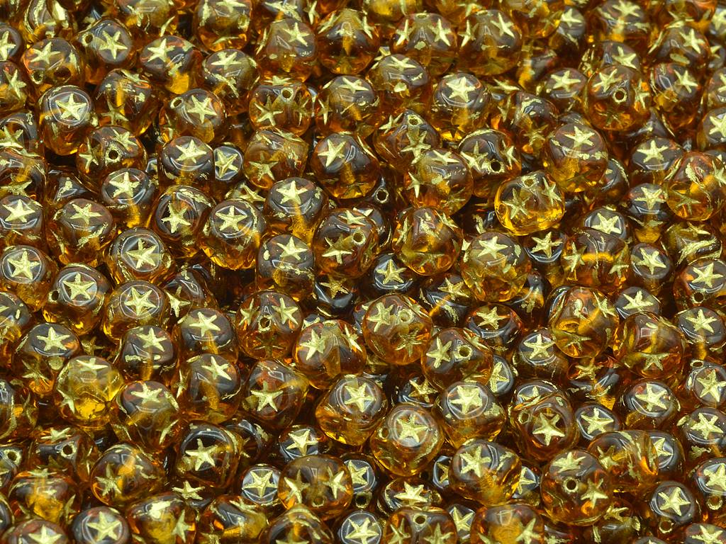 Cube Beads With Stars, Topaz Gold Lined (10070-54302), Glass, Czech Republic