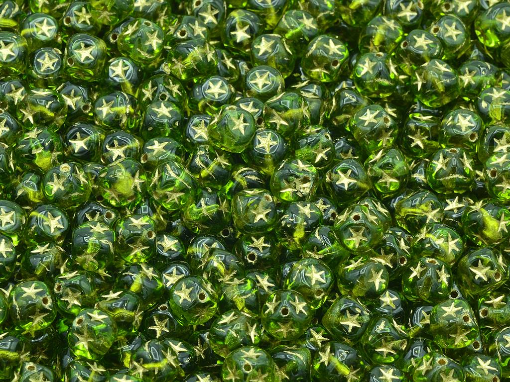 Cube Beads With Stars, Transparent Green Gold Lined (50230-54302), Glass, Czech Republic