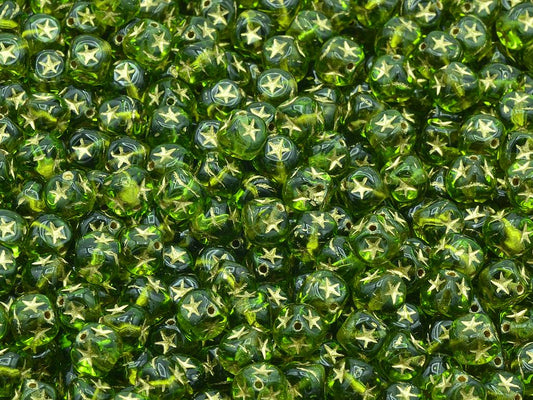 Cube Beads With Stars, Transparent Green Gold Lined (50230-54302), Glass, Czech Republic