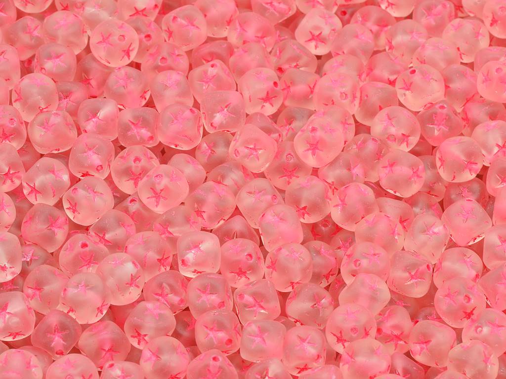 星付きキューブビーズ、透明ピンクマットライトブルーライン入り（70120-84110-54308）、ガラス、チェコ共和国