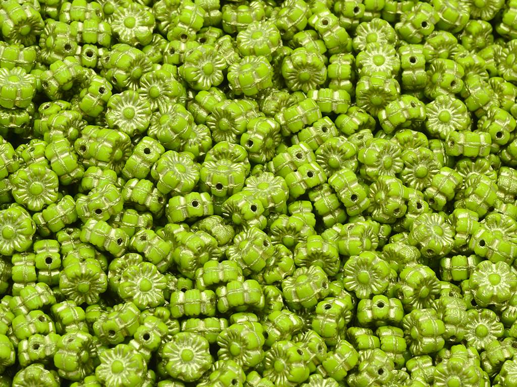 Flower Beads, Opaque Green Gold Lined (53400-54202), Glass, Czech Republic