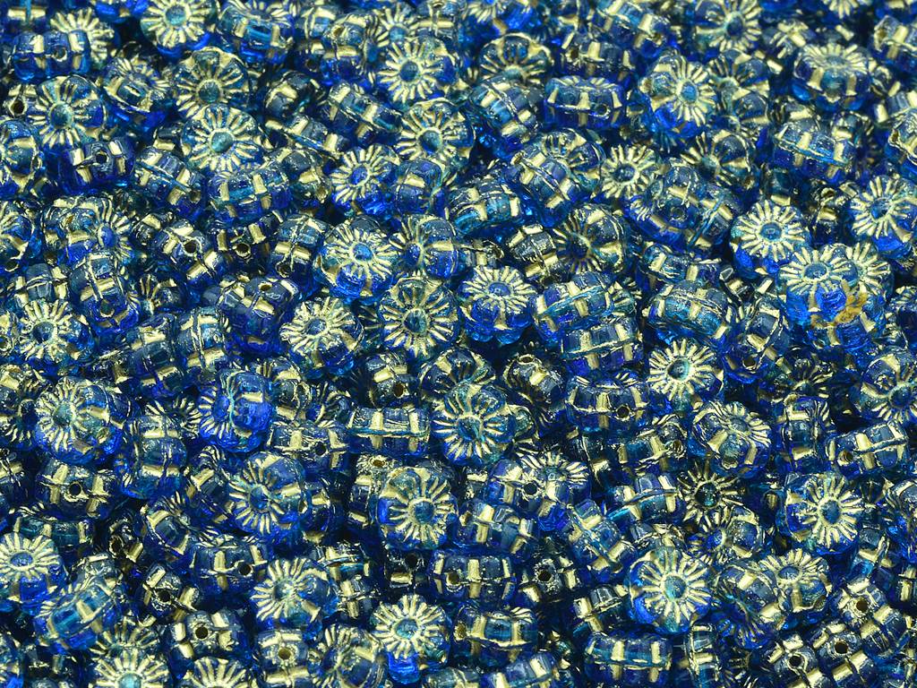 Flower Beads, Transparent Aqua Gold Lined (60310-54202), Glass, Czech Republic