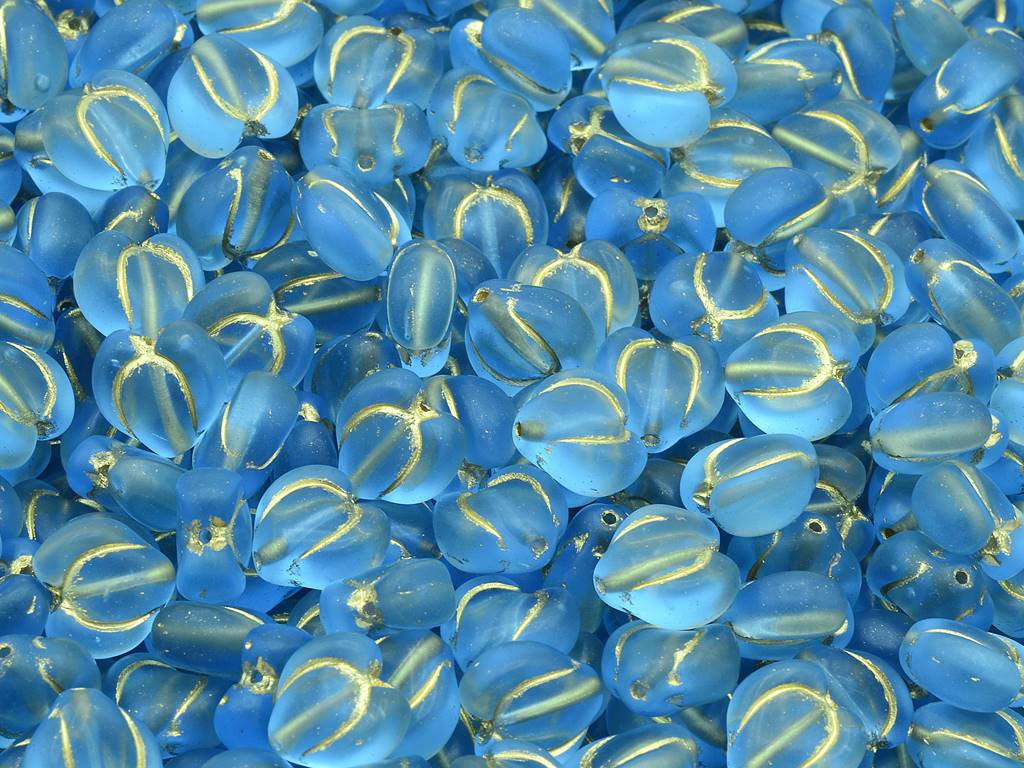 Heart Bud Beads, Transparent Blue Matte Gold Lined (30020-84110-54202), Glass, Czech Republic