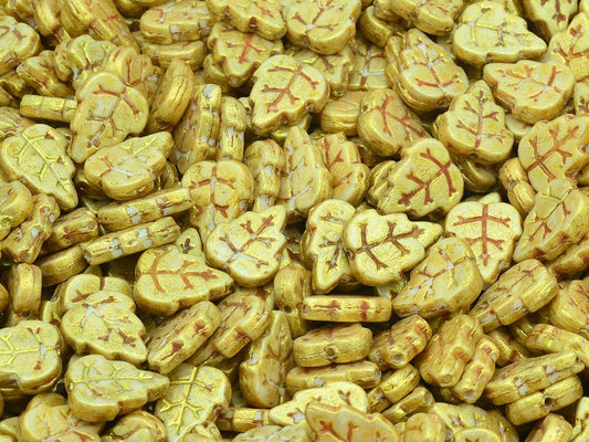 Pressed Beads Leaves, Chalk White Gold Luster Spotted (03000-65322), Glass, Czech Republic