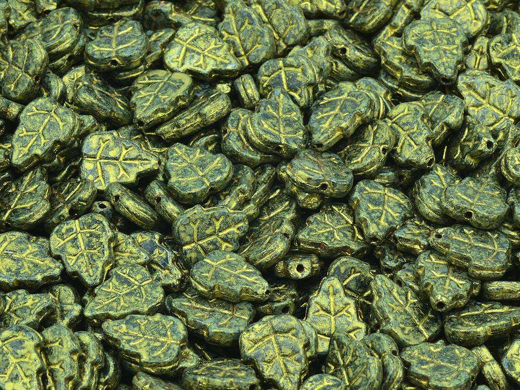 Pressed Beads Leaves, Black Gold Luster Spotted (23980-65322), Glass, Czech Republic