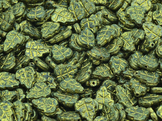 Pressed Beads Leaves, Black Gold Luster Spotted (23980-65322), Glass, Czech Republic