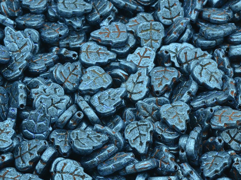 Pressed Beads Leaves, Black Green Luster Spotted (23980-65325), Glass, Czech Republic