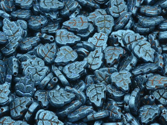 Pressed Beads Leaves, Black Green Luster Spotted (23980-65325), Glass, Czech Republic