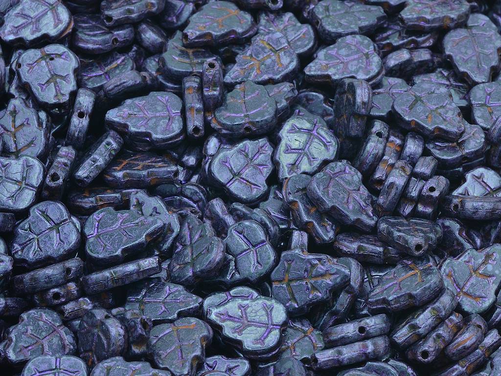 Pressed Beads Leaves, Black Travertin Puprple (23980-65328), Glass, Czech Republic
