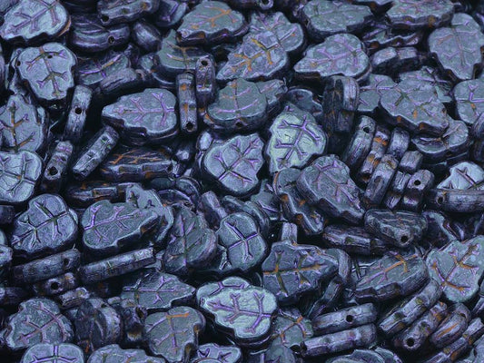 Pressed Beads Leaves, Black Travertin Puprple (23980-65328), Glass, Czech Republic