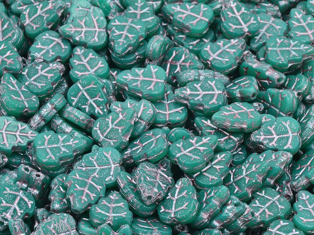 Pressed Beads Leaves, Opal Emerald Green Pink Lined (52040-54321), Glass, Czech Republic