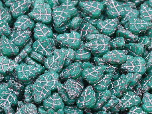 Pressed Beads Leaves, Opal Emerald Green Pink Lined (52040-54321), Glass, Czech Republic
