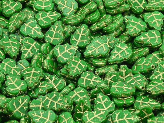 Pressed Beads Leaves, Opaque Green Gold Lined (53330-54202), Glass, Czech Republic