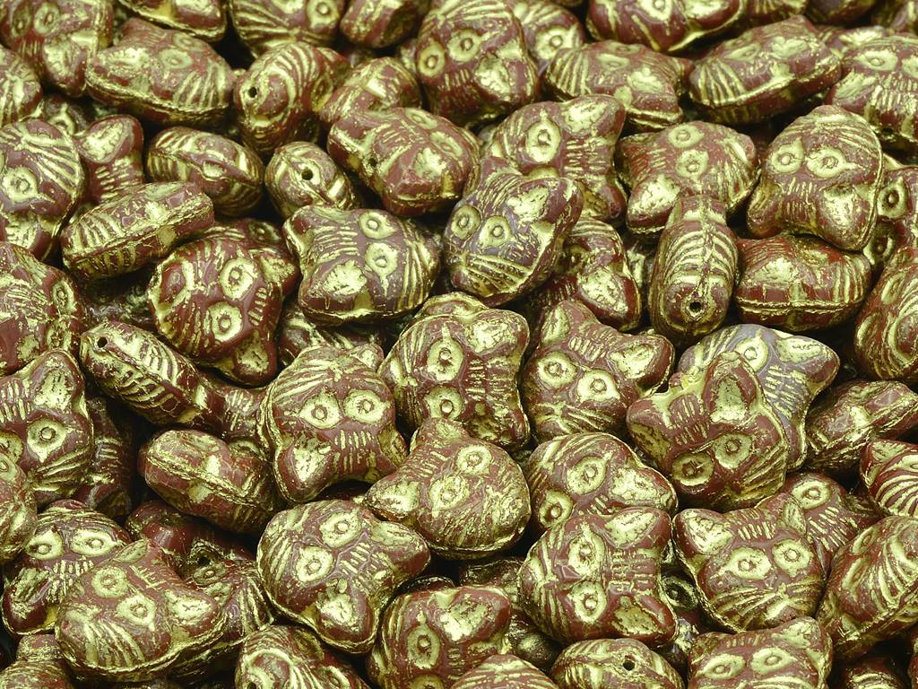 Cat Head Muzzle Beads, Opaque Brown Gold Lined (13600-54202), Glass, Czech Republic