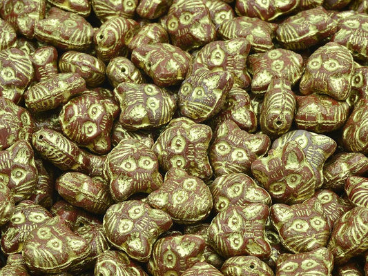 Cat Head Muzzle Beads, Opaque Brown Gold Lined (13600-54202), Glass, Czech Republic