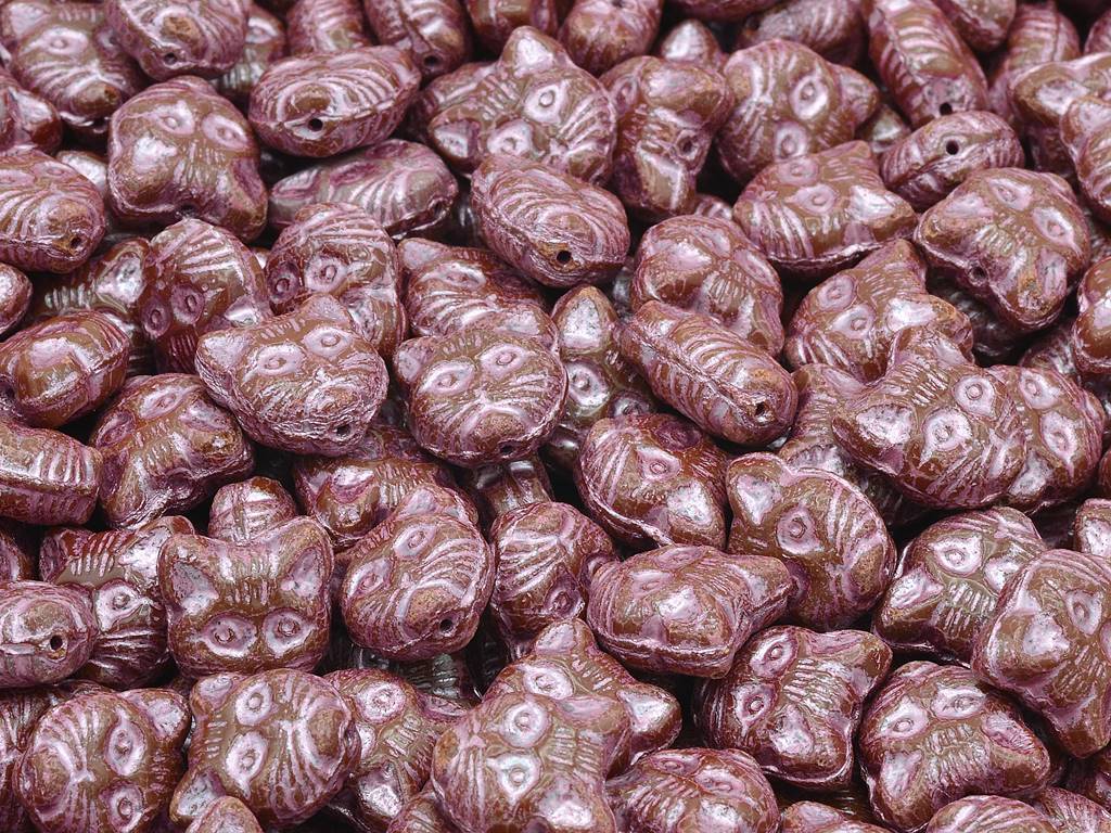 Cat Head Muzzle Beads, Opaque Brown Pink Lined (13600-54321), Glass, Czech Republic