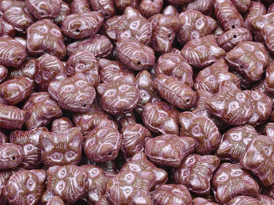 Cat Head Muzzle Beads, Opaque Brown Pink Lined (13600-54321), Glass, Czech Republic