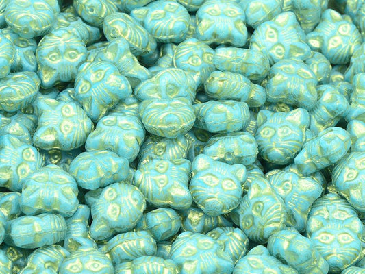 OUTLET 10 grams Cat Muzzle Beads, 13 x 13 mm, Chalk White Gold Lined Light Aqua Blue (03000-54302-34308), Glass, Czech Republic