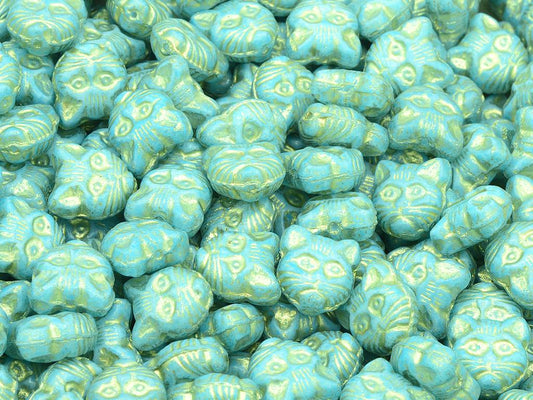 Cat Head Muzzle Beads, Chalk White Gold Lined Light Aqua Blue (03000-54302-34308), Glass, Czech Republic
