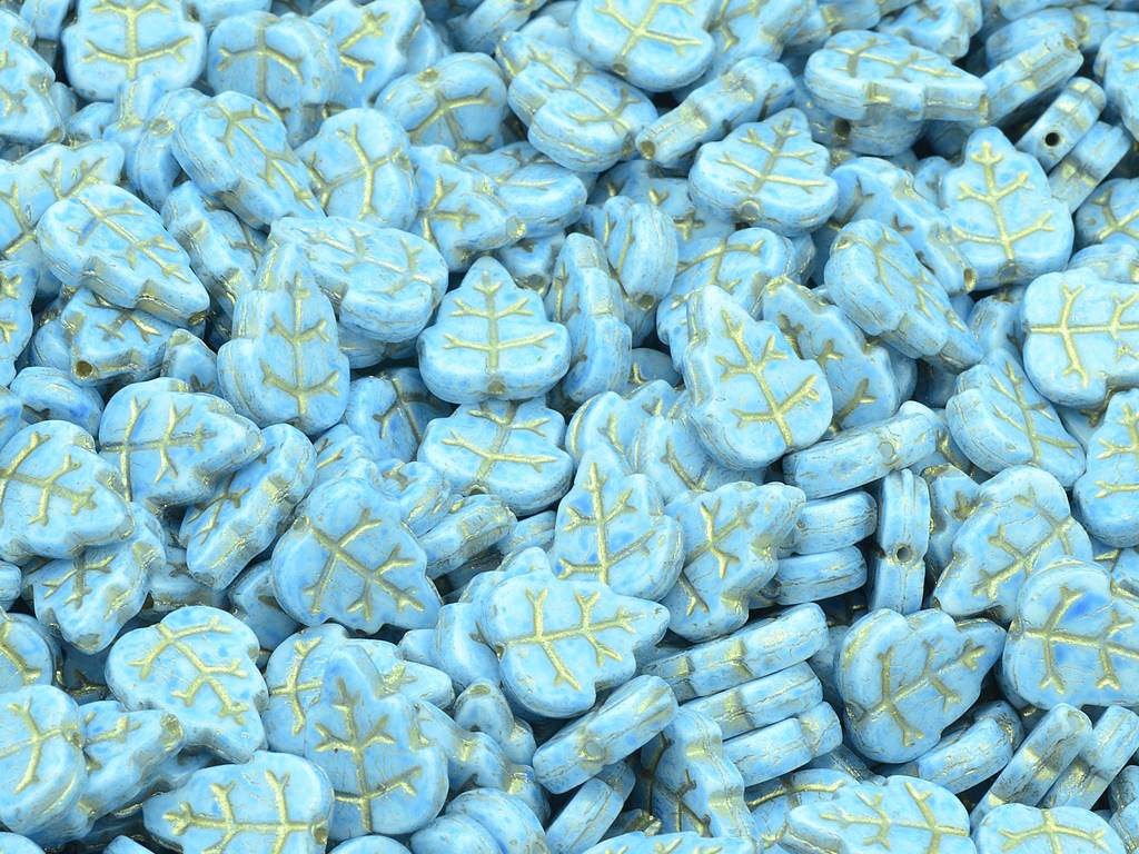 Pressed Beads Leaves, Chalk White Gold Lined Light Blue (03000-54302-34307), Glass, Czech Republic