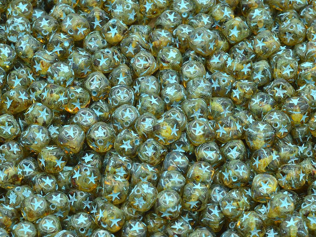 Cube Beads With Stars, Crystal Travertine Blue Lined (00030-96816), Glass, Czech Republic