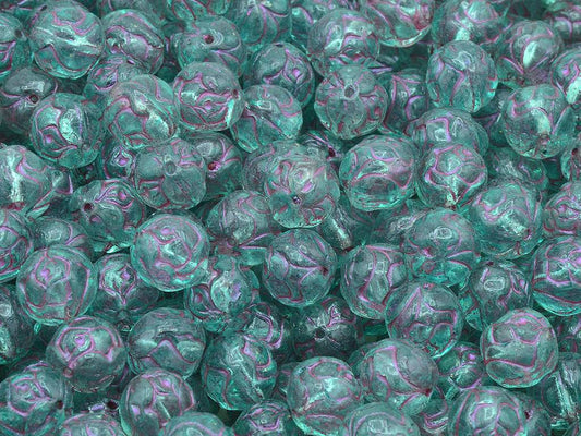 ラウンドローズビーズ、クリスタルピンクラインライトターコイズ（00030-43807-34309）、ガラス、チェコ共和国