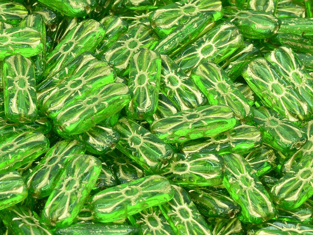 Rectangular Flower Beads, Transparent Green Gold Lined (50410-54202), Glass, Czech Republic