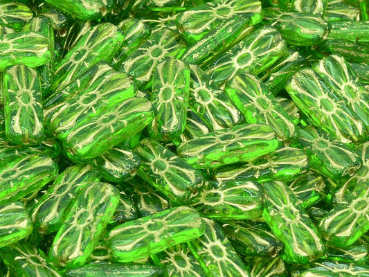Rectangular Flower Beads, Transparent Green Gold Lined (50410-54202), Glass, Czech Republic