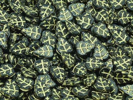 Pressed Beads Leaves, Black Gold Lined (23980-54202), Glass, Czech Republic