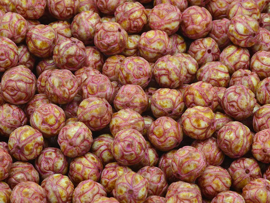 Round Rose Beads, Chalk White Travertin Pink Lined (03000-86800-43807), Glass, Czech Republic