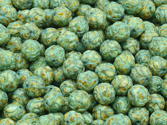 Round Rose Beads, Chalk White Travertin Light Blue Lined (03000-86800-43811), Glass, Czech Republic