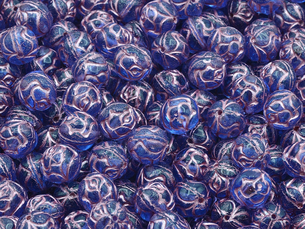 Round Rose Beads, Transparent Blue Pink Lined (30030-54321), Glass, Czech Republic