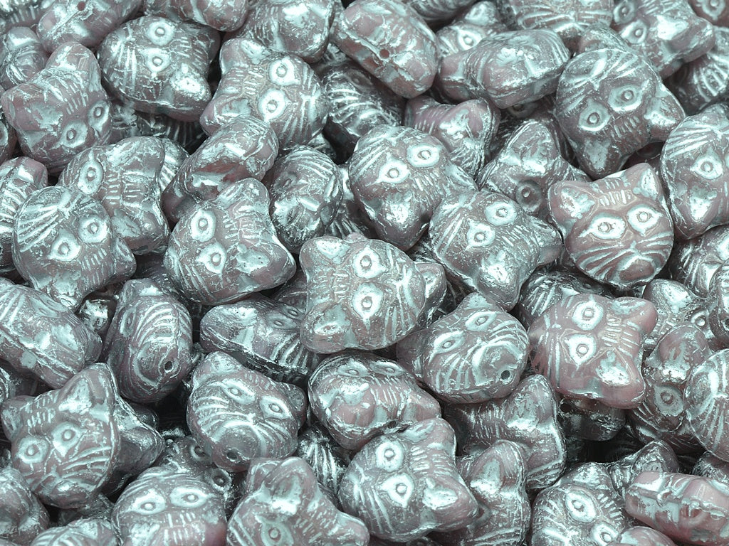 Cat Head Muzzle Beads, Opaque Pink Silver Lined (76017-54201), Glass, Czech Republic